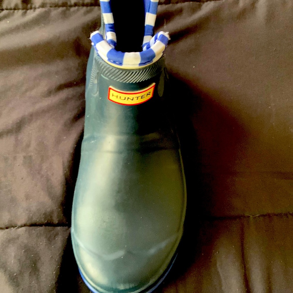 Hunter Kids Green Rain Boots with Blue & White Stripe Trim